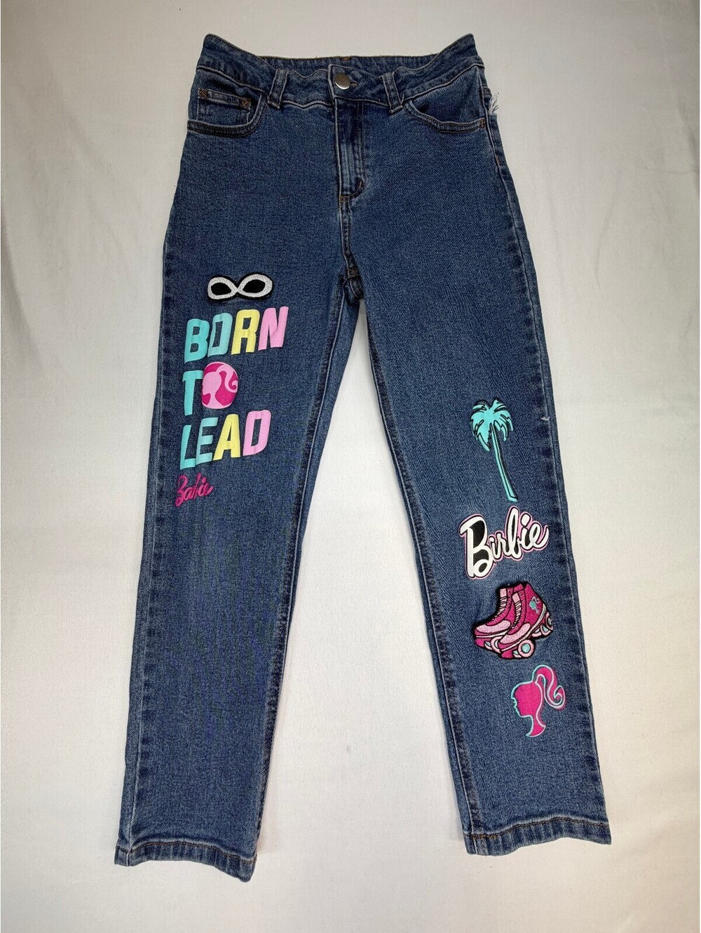 Barbie Girl's Jeans Embroidered Patches Graphic Print Born To Lead Size 10 Blue